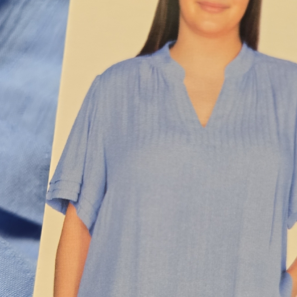 Well Worn Women's Blue Cuffed Ruffle Sleeve V-Neck Top - Picture 5 of 8